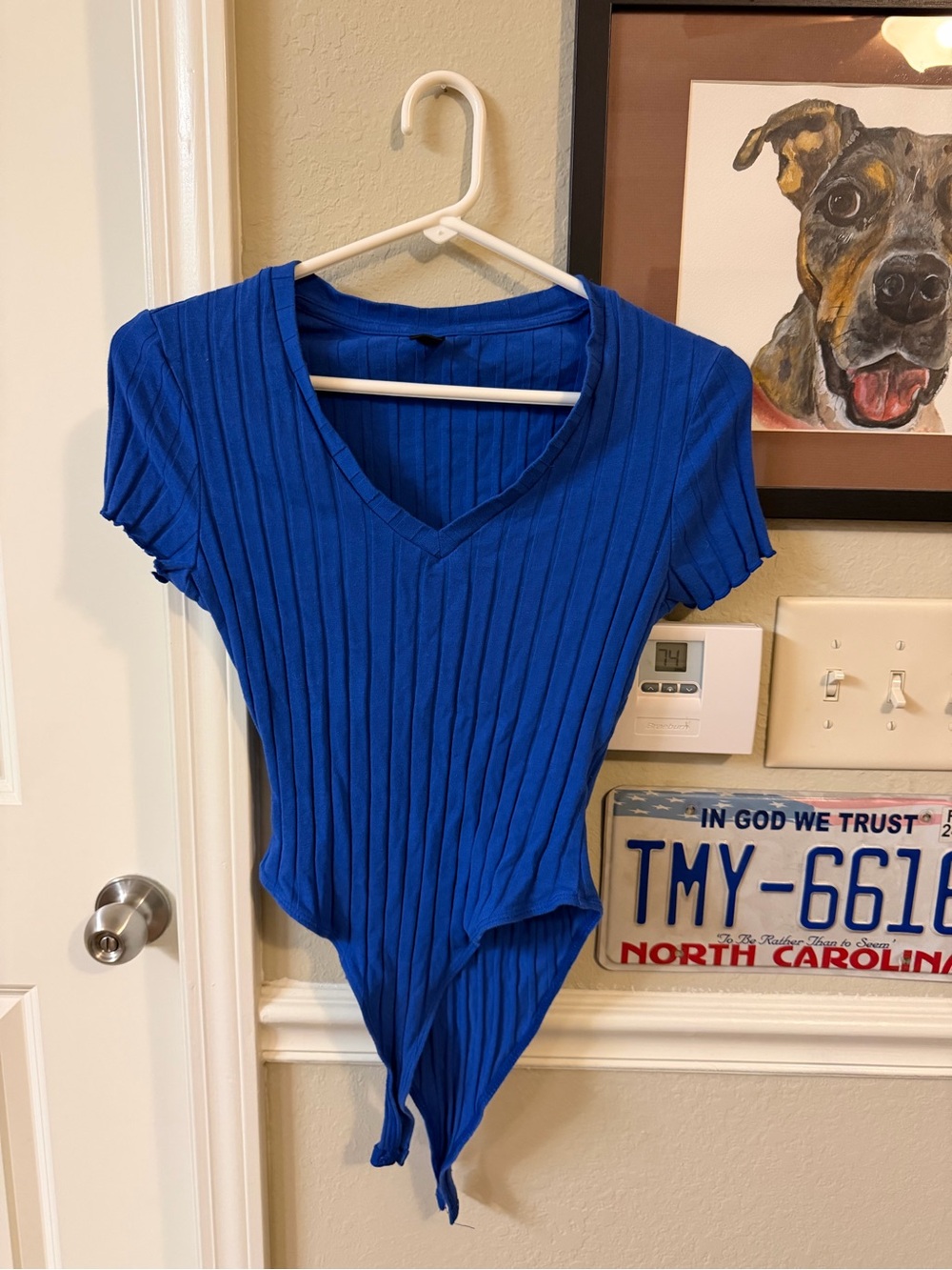 SHEIN Royal Blue Ribbed V-Neck Tie-Front Bodysuit